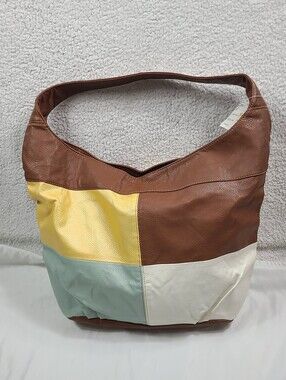 NWT Colorblock Faux Leather Hobo Shoulder Bag Large Brown Yellow Mint Cream